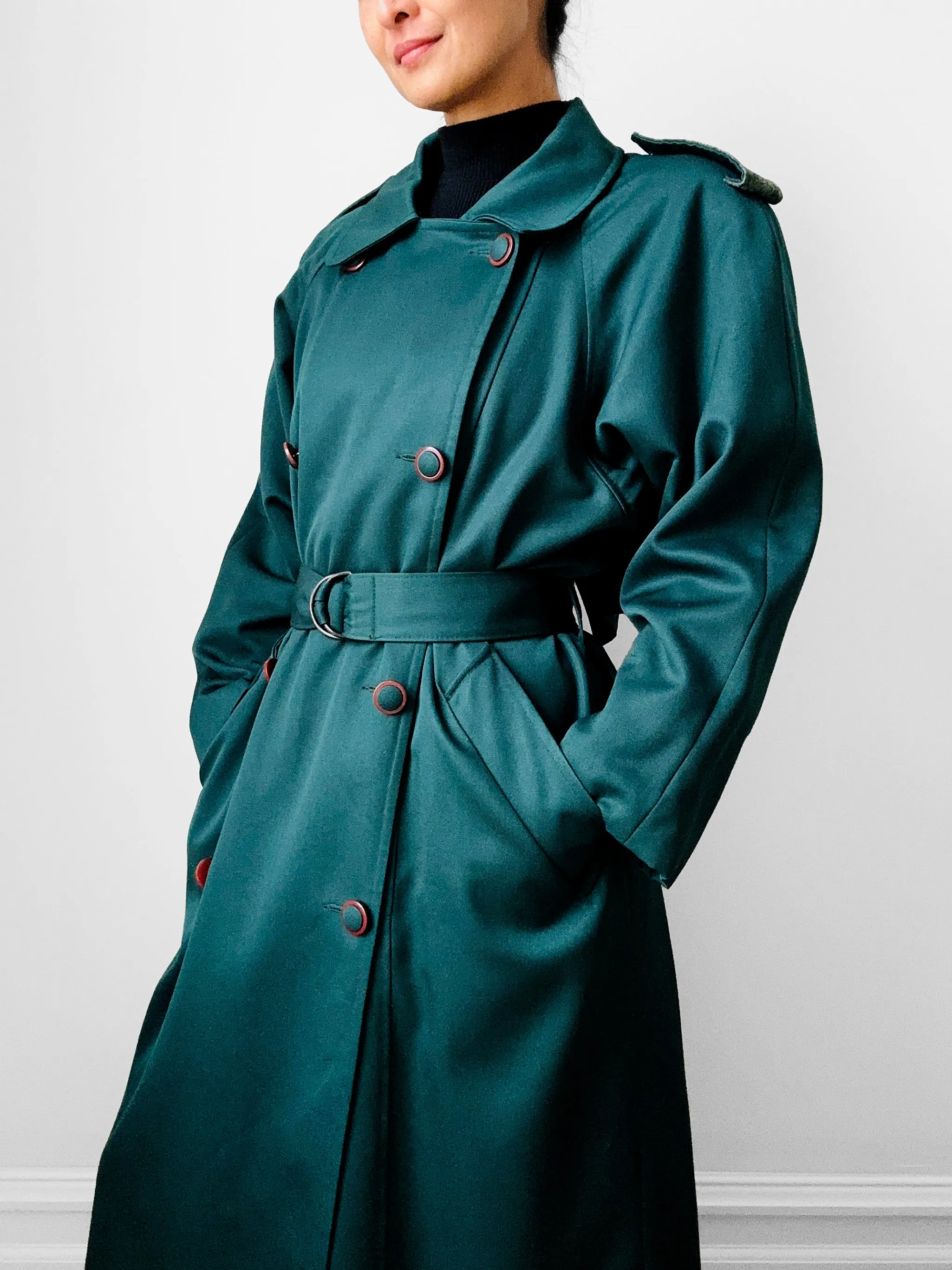 1980s Green Belted Wool Double Breasted Coat - Sz. S/M