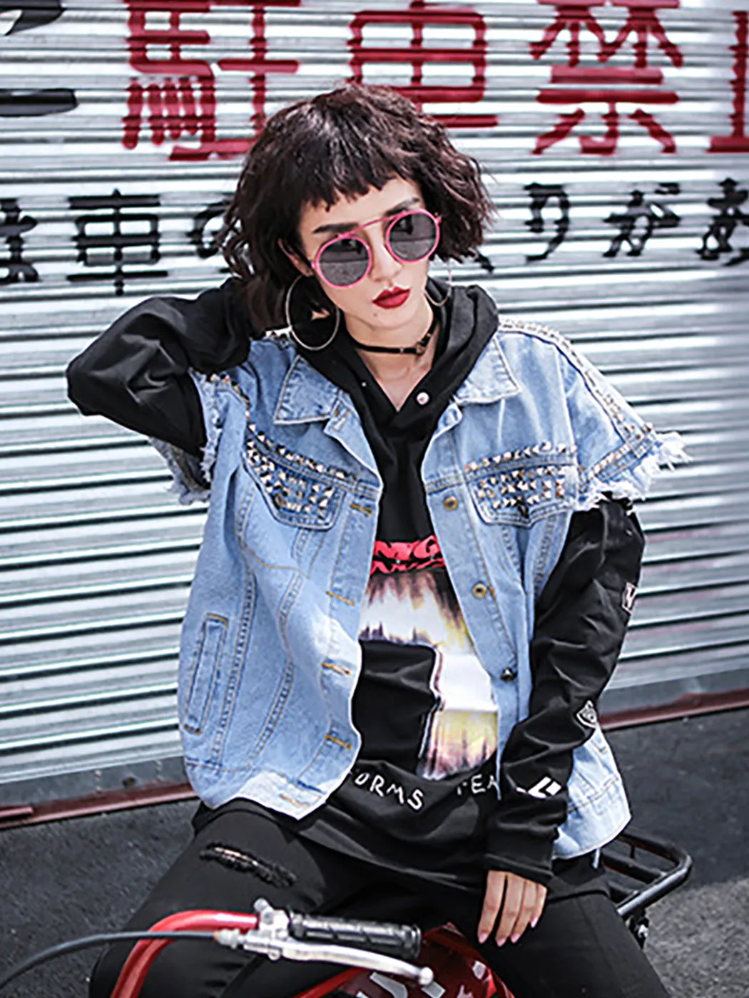Anna-Kaci Women's Button Up Distressed Jeans Punk Denim Vest Sleeveless Jean Jackets With Rivets