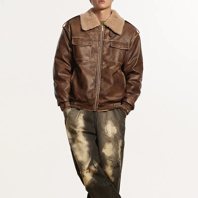 BARN JACKET WITH DISTRESSED WARM PU LEATHER