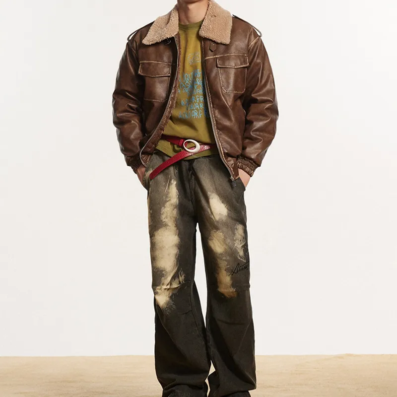 BARN JACKET WITH DISTRESSED WARM PU LEATHER