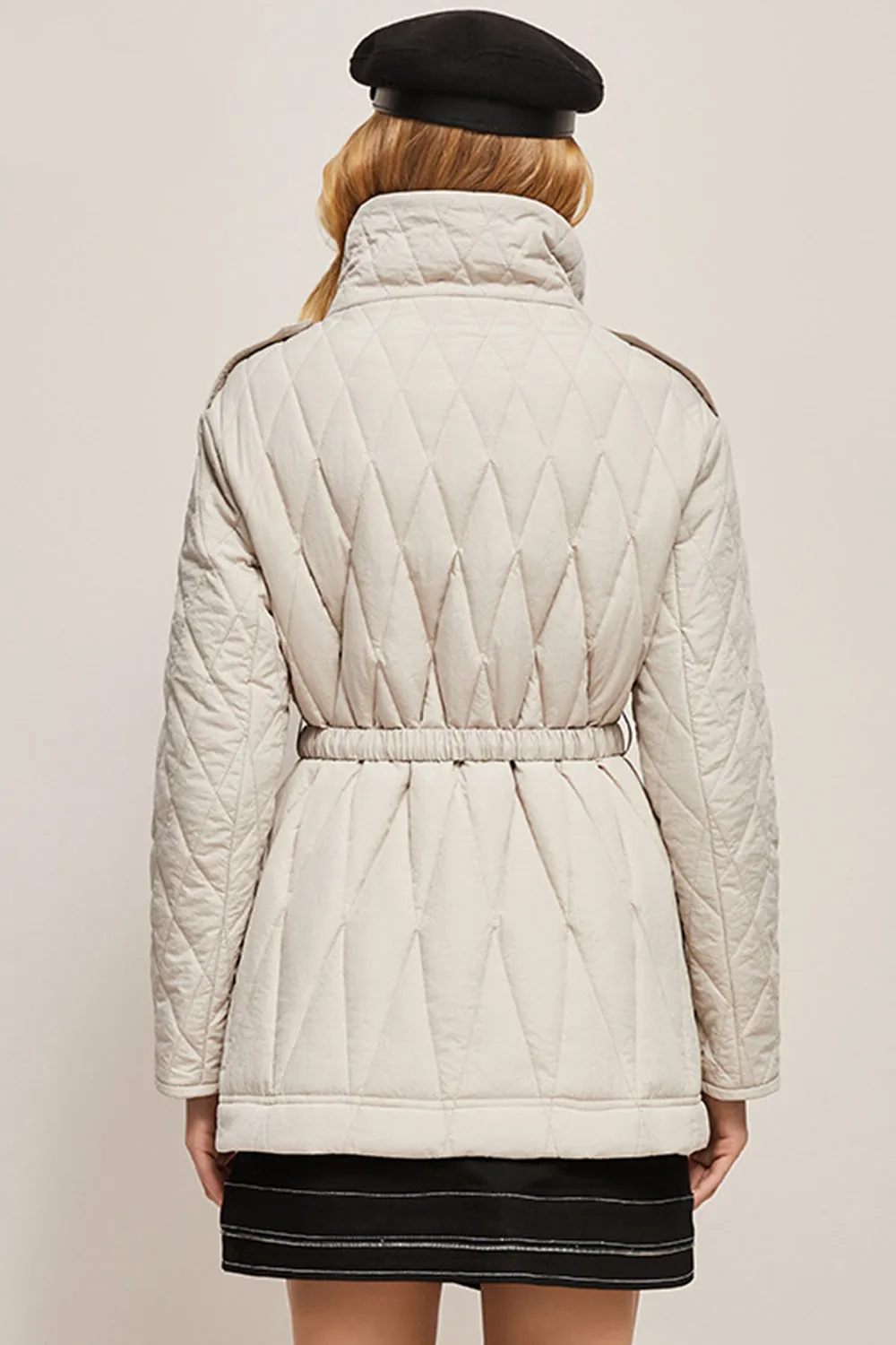 Beige Button Lapel Quilted Slim Fit Puff Jacket