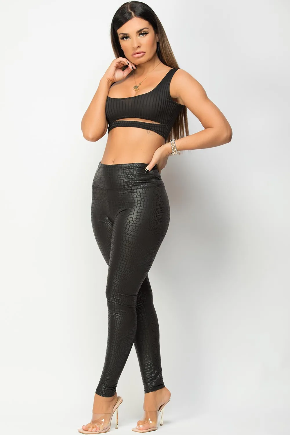 Black Croc Faux Leather High Waisted Leggings