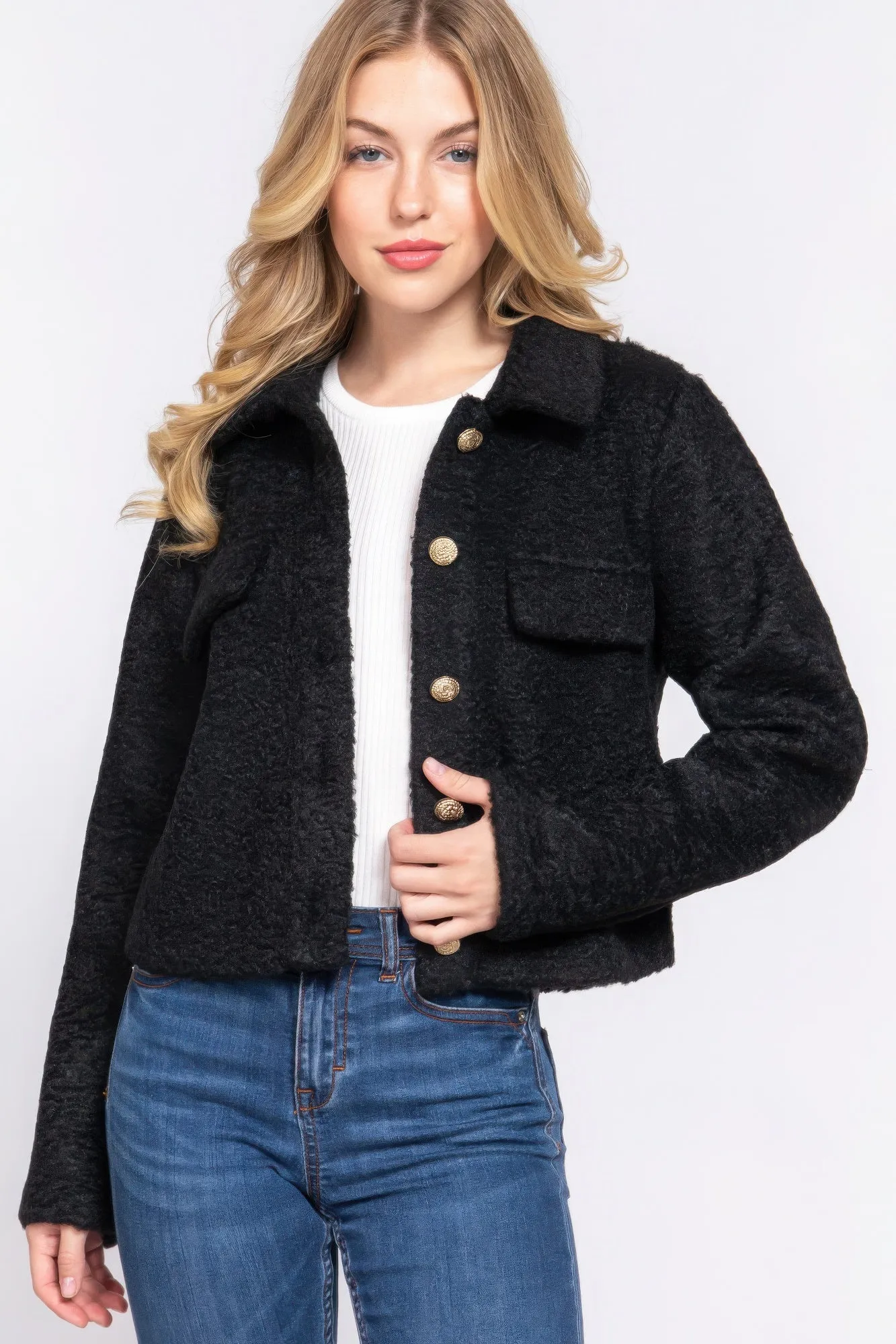 Black Long Sleeve Teddy Fleece Short Jacket