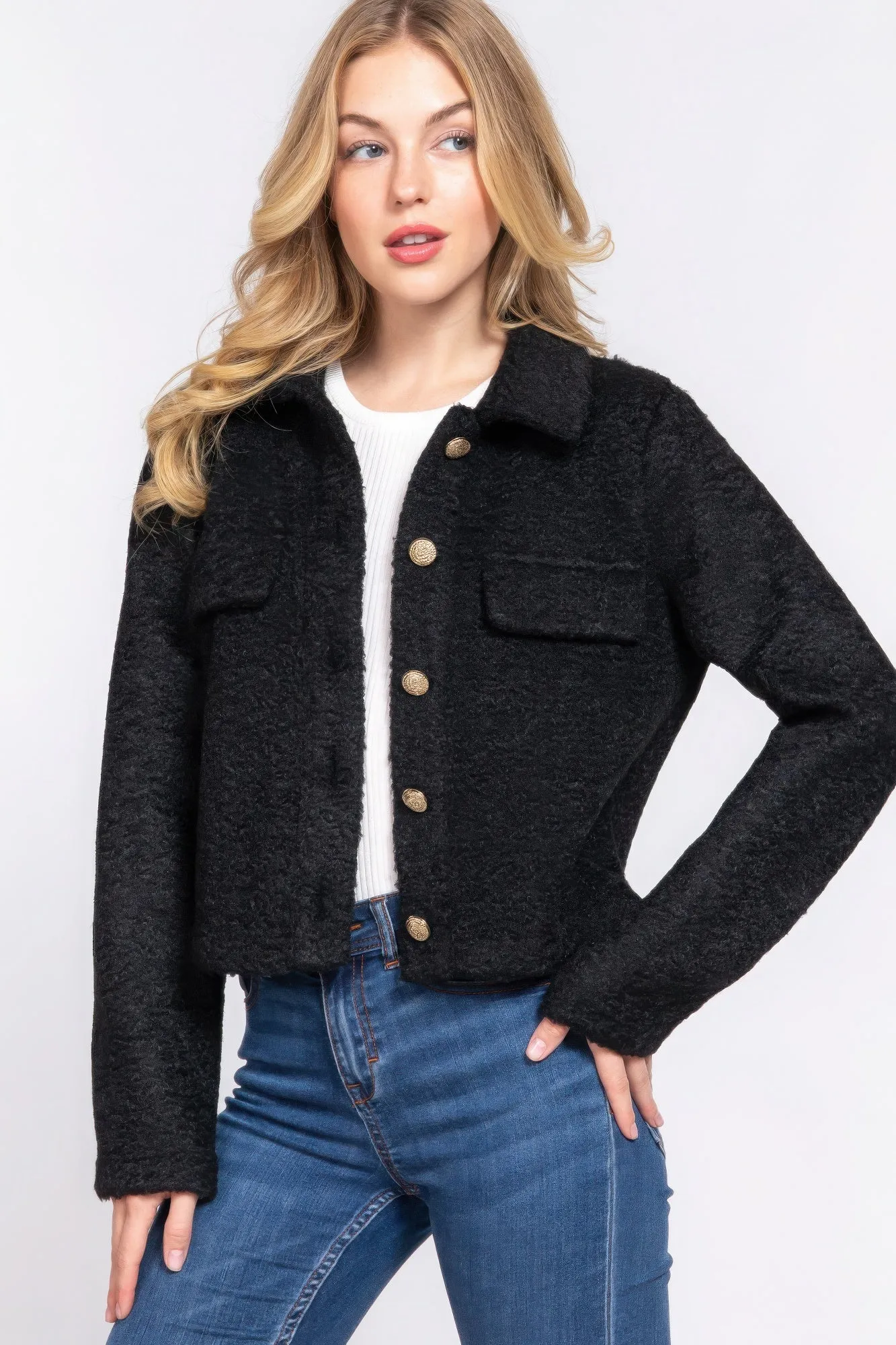 Black Long Sleeve Teddy Fleece Short Jacket