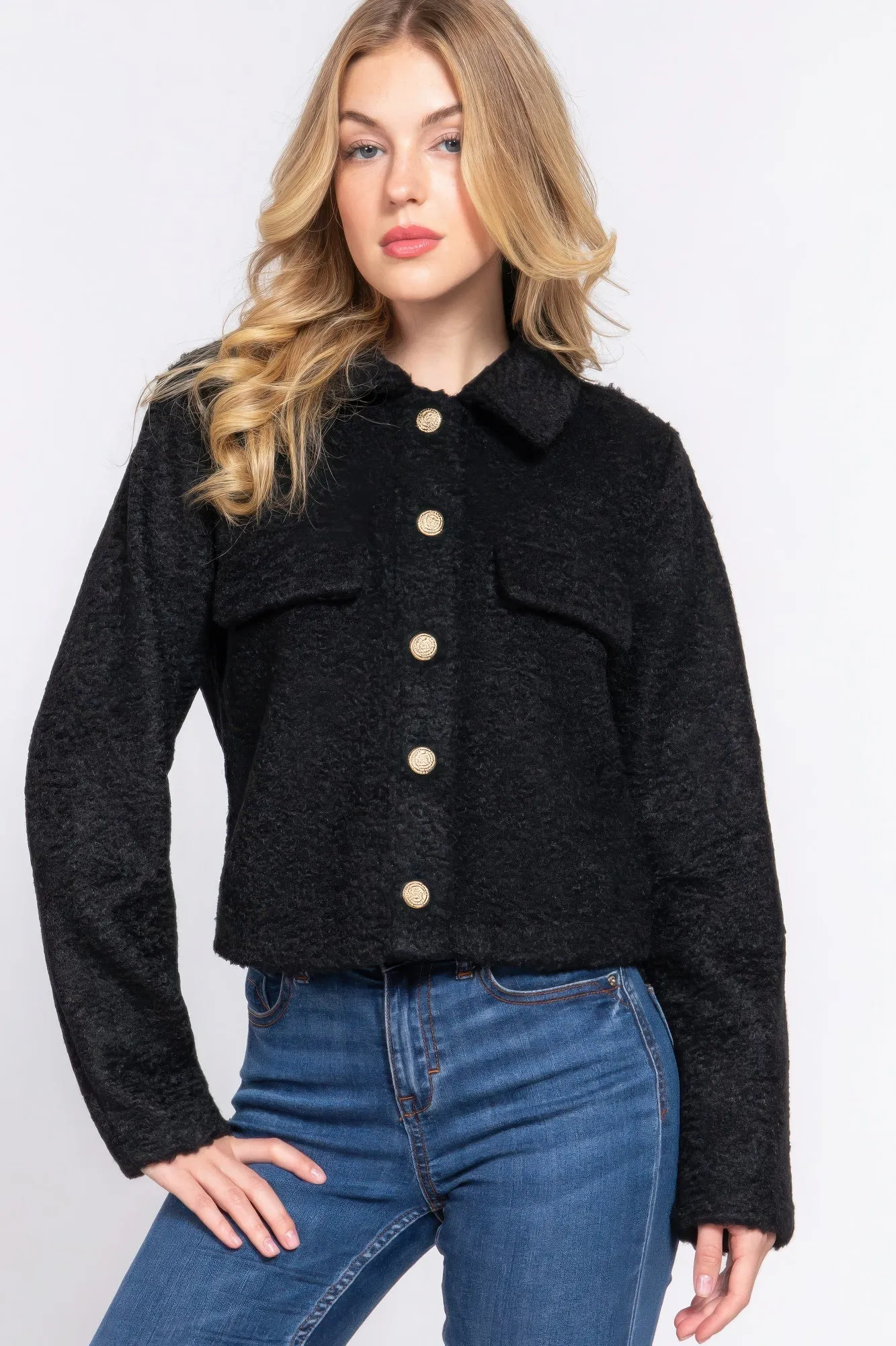 Black Long Sleeve Teddy Fleece Short Jacket