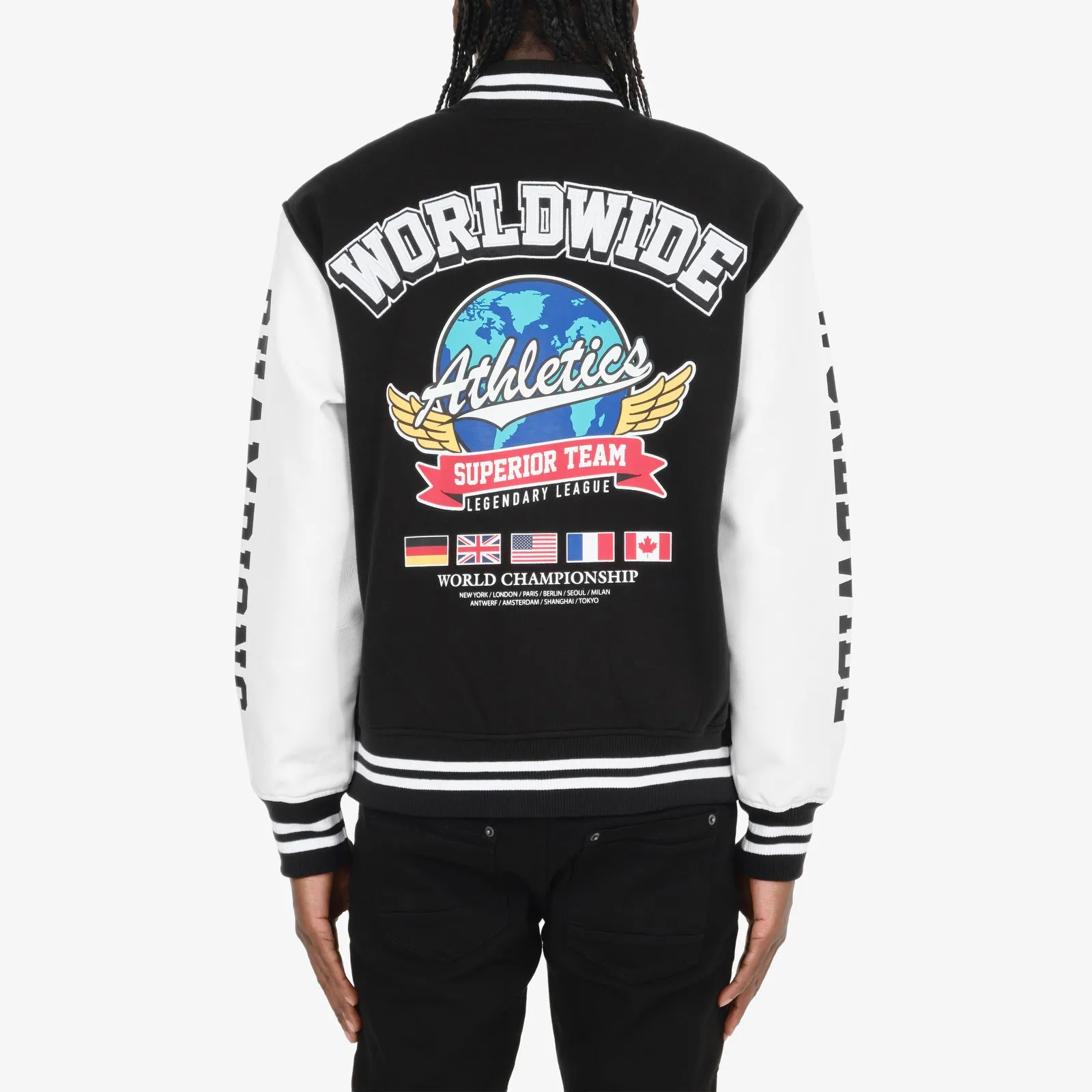 BLACK / RED "WORLDWIDE" VARSITY JACKET