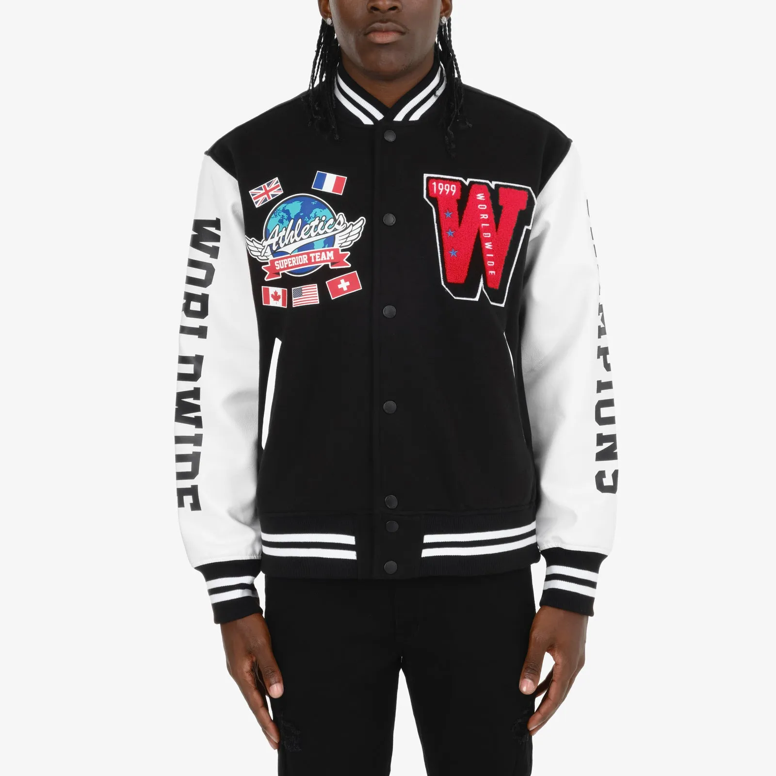 BLACK / RED "WORLDWIDE" VARSITY JACKET