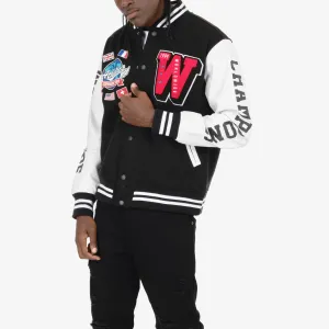 BLACK / RED "WORLDWIDE" VARSITY JACKET