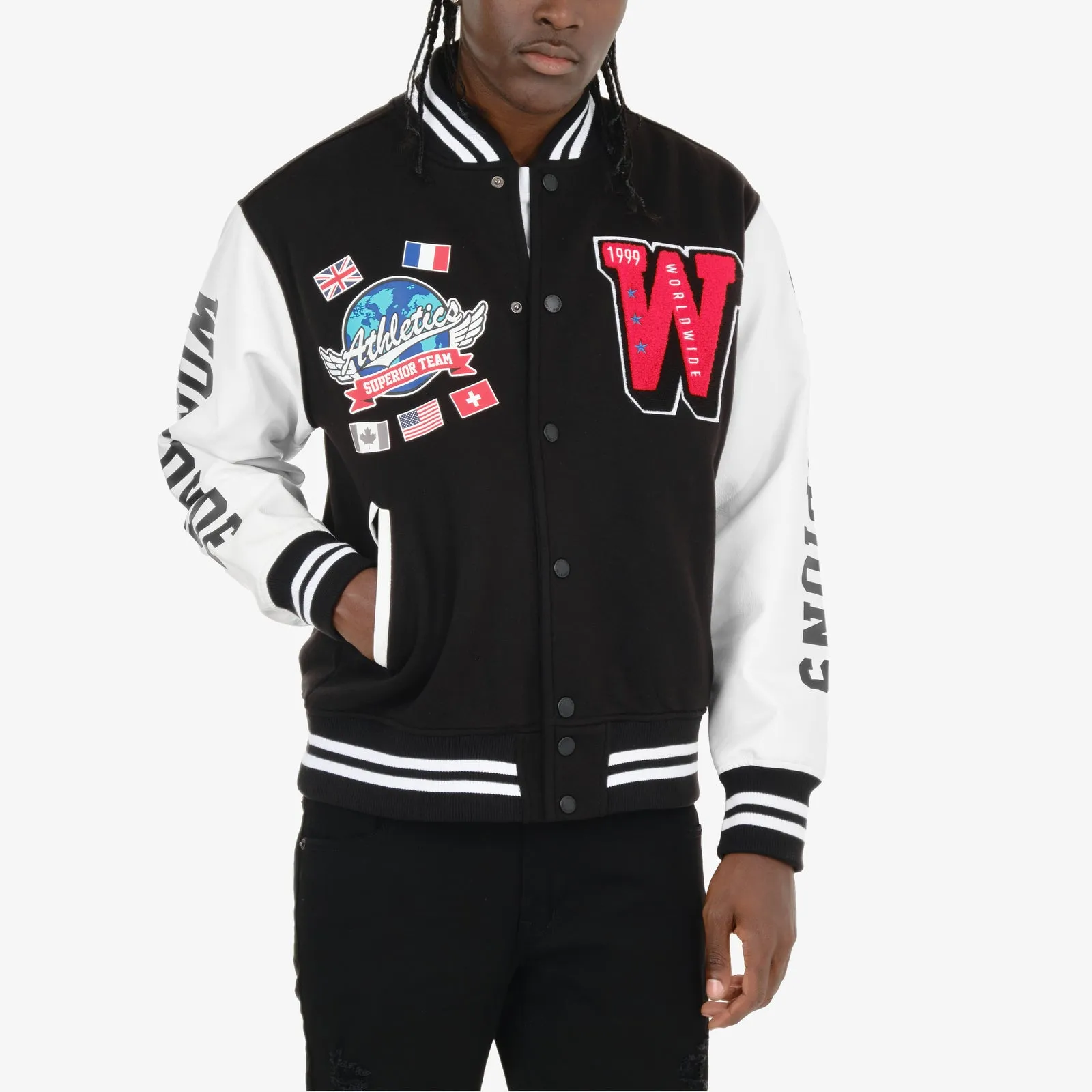 BLACK / RED "WORLDWIDE" VARSITY JACKET