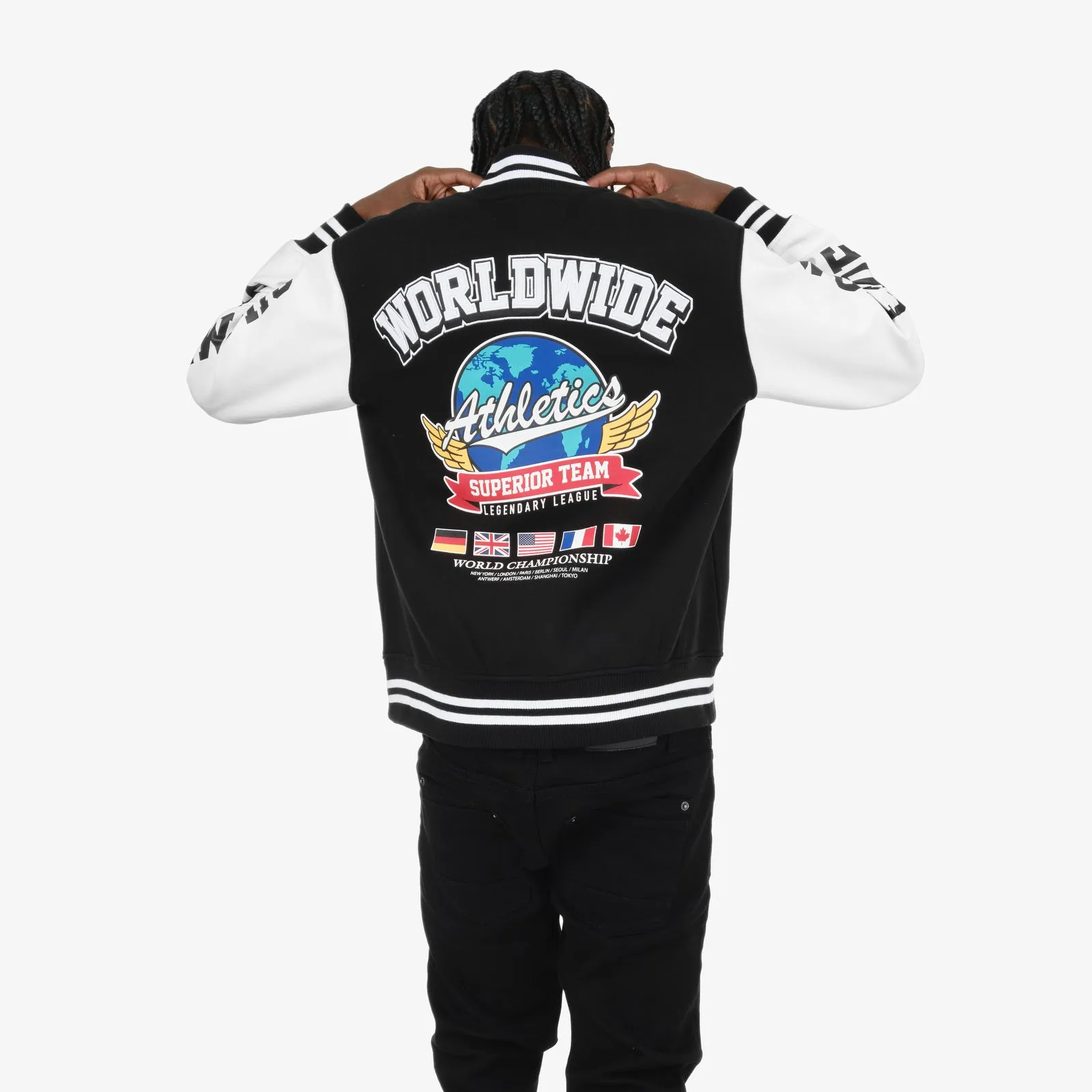 BLACK / RED "WORLDWIDE" VARSITY JACKET