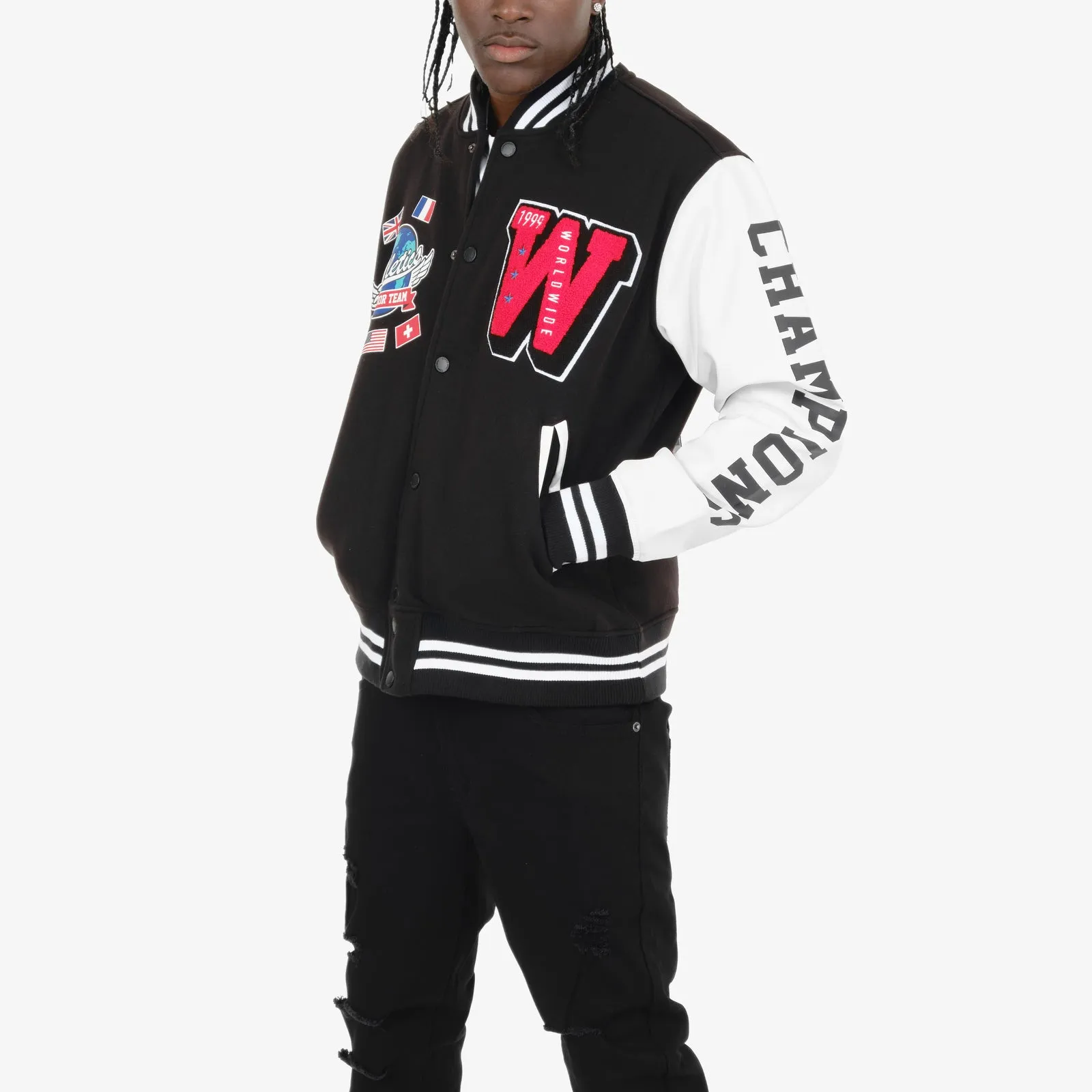 BLACK / RED "WORLDWIDE" VARSITY JACKET