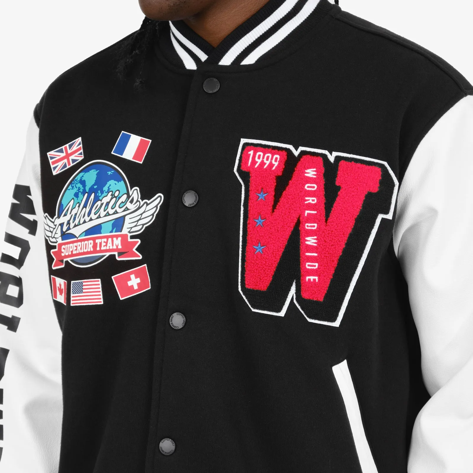 BLACK / RED "WORLDWIDE" VARSITY JACKET