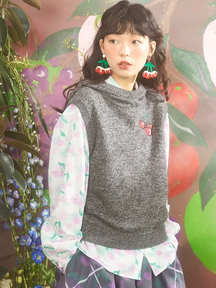 Cherry Embroidered Hooded Knitted Vest