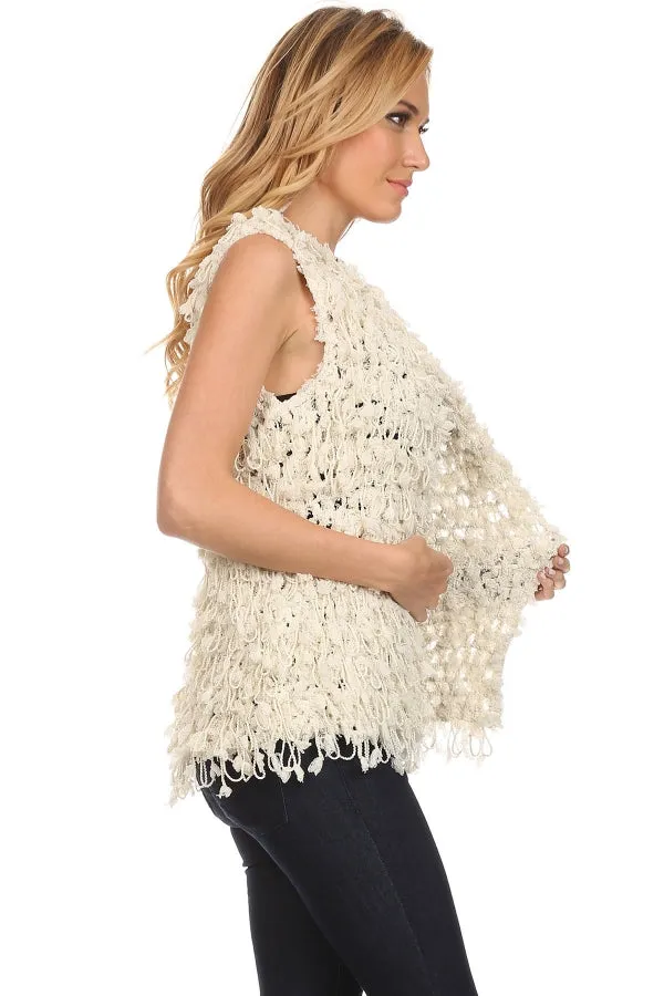 CRD-02384 Women's Ivory Knitted Spaguetti Chunky Cardigan Vest