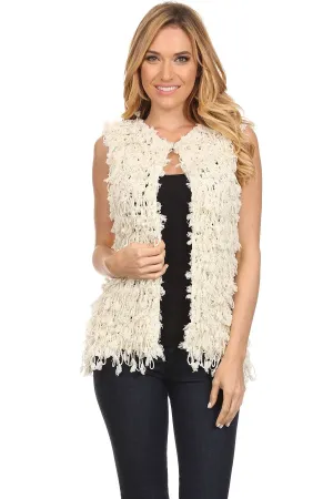 CRD-02384 Women's Ivory Knitted Spaguetti Chunky Cardigan Vest