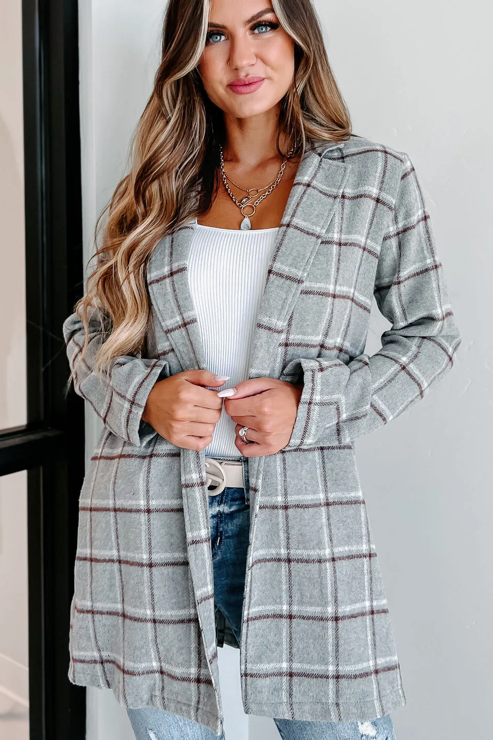 Fact Checker Plaid Open Front Coat (Heather Grey)