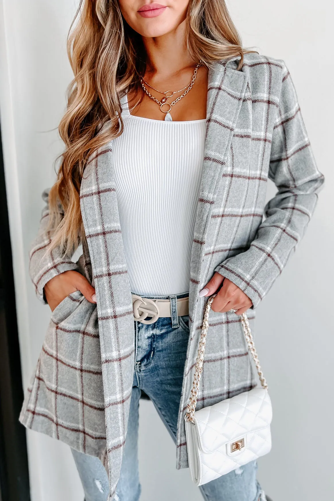 Fact Checker Plaid Open Front Coat (Heather Grey)