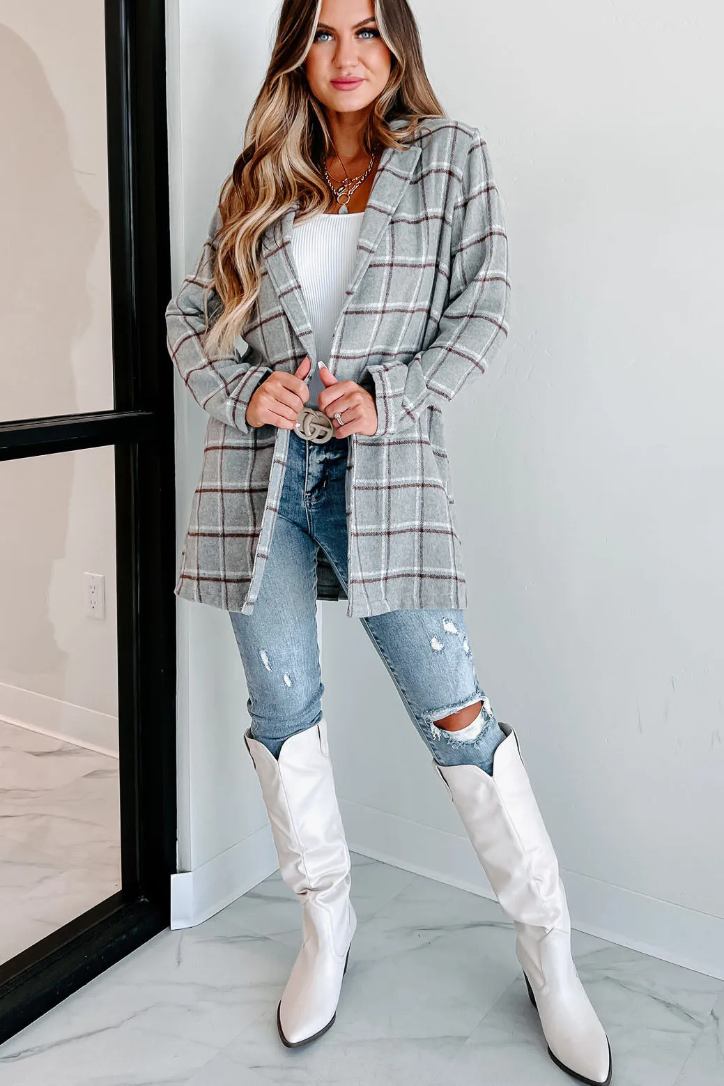 Fact Checker Plaid Open Front Coat (Heather Grey)
