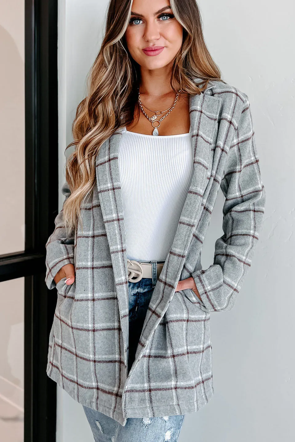 Fact Checker Plaid Open Front Coat (Heather Grey)