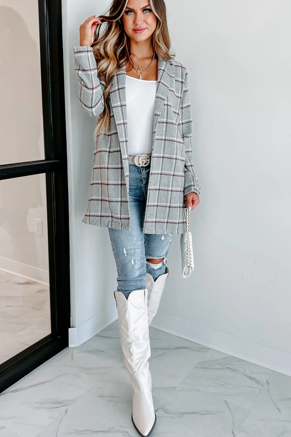 Fact Checker Plaid Open Front Coat (Heather Grey)