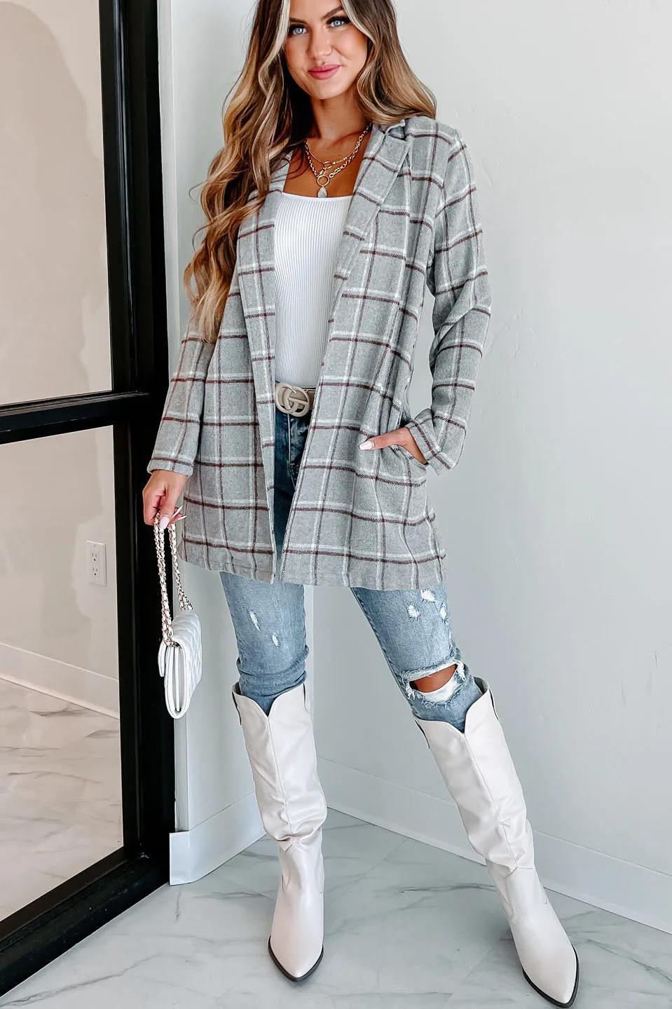 Fact Checker Plaid Open Front Coat (Heather Grey)