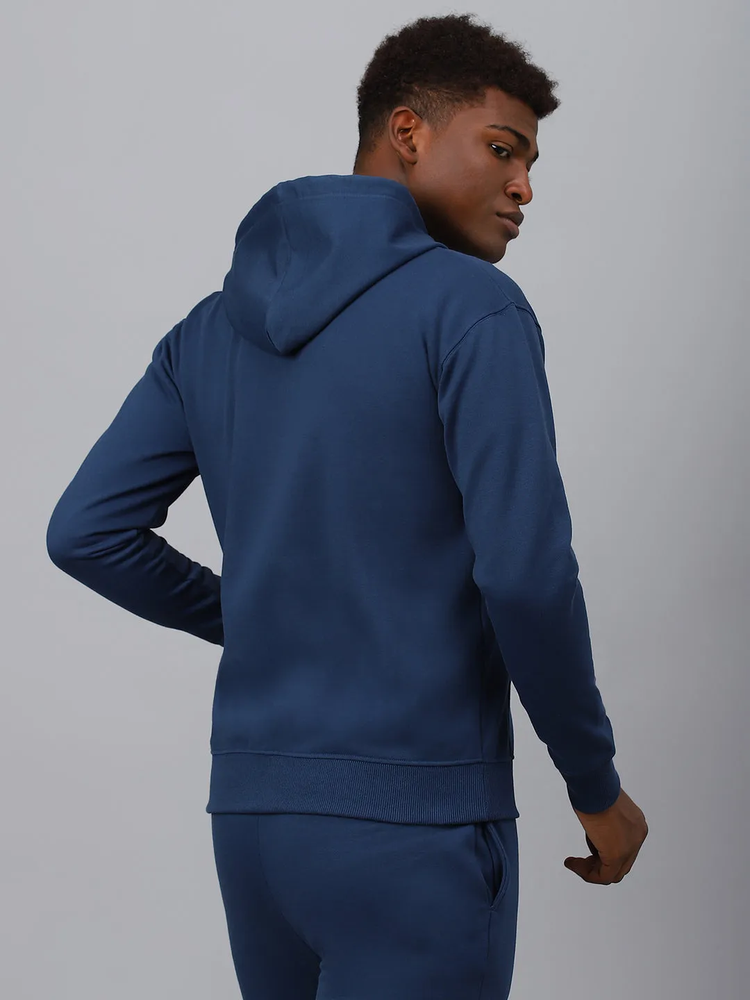 Fitkin Men Blue Zipper Fleece Hooded Jacket