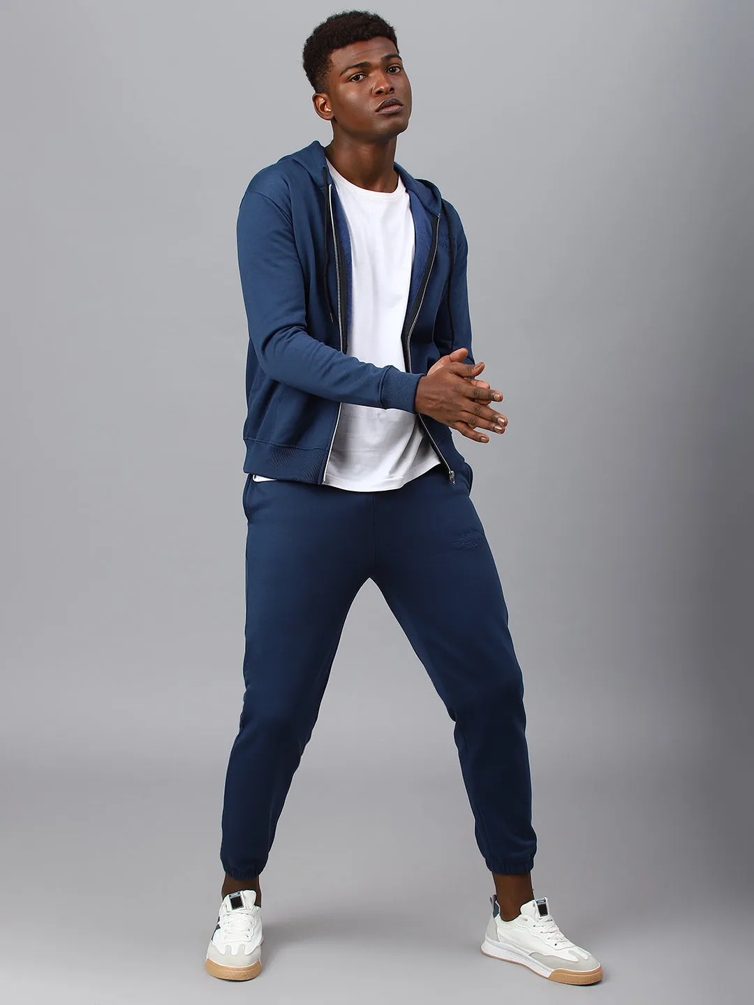 Fitkin Men Blue Zipper Fleece Hooded Jacket