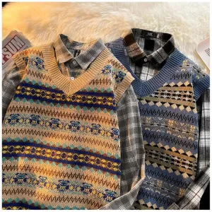 Flytonn-cute winter outfits casual winter outfits christmas outfit party look inspos V-Neck Retro Style Pattern Sleeveless Vest Sweater