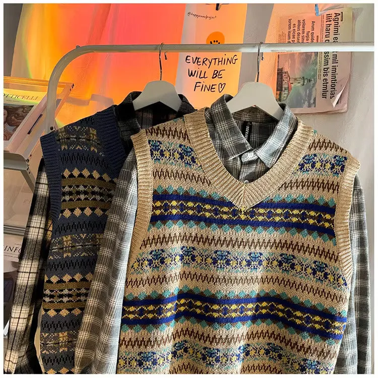Flytonn-cute winter outfits casual winter outfits christmas outfit party look inspos V-Neck Retro Style Pattern Sleeveless Vest Sweater