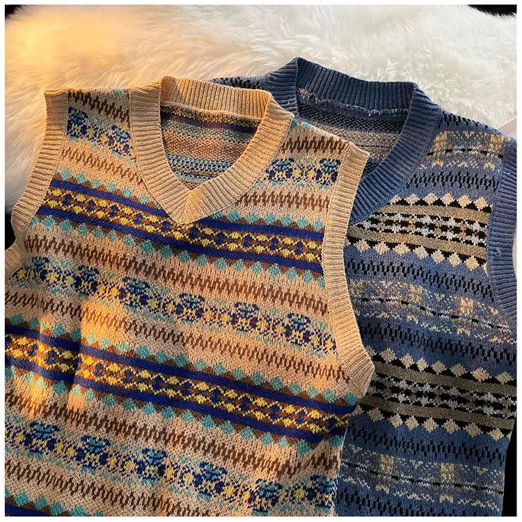 Flytonn-cute winter outfits casual winter outfits christmas outfit party look inspos V-Neck Retro Style Pattern Sleeveless Vest Sweater