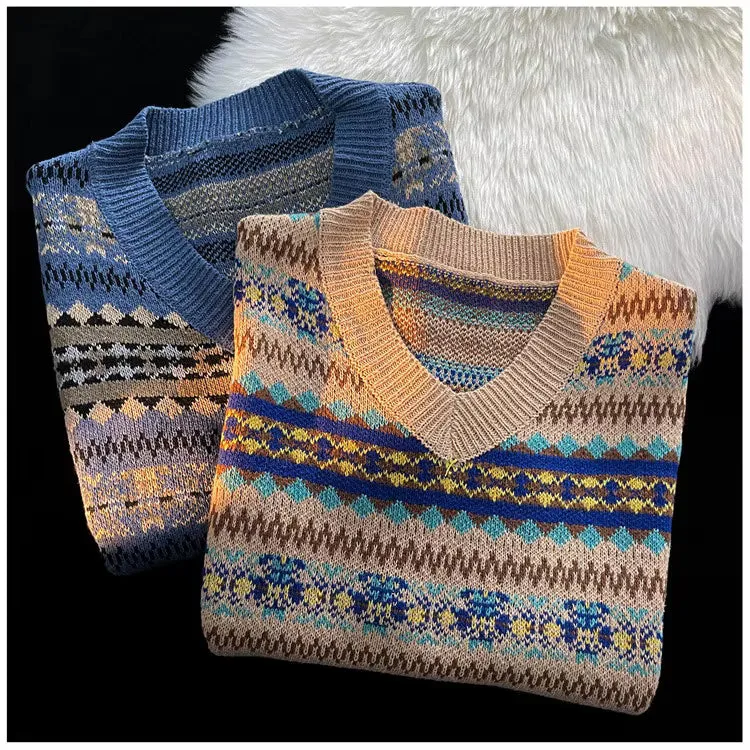 Flytonn-cute winter outfits casual winter outfits christmas outfit party look inspos V-Neck Retro Style Pattern Sleeveless Vest Sweater