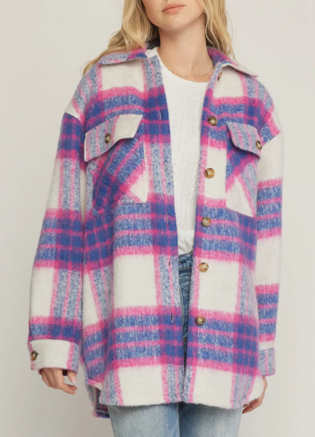 fuzzy plaid button up jacket - pink/blue