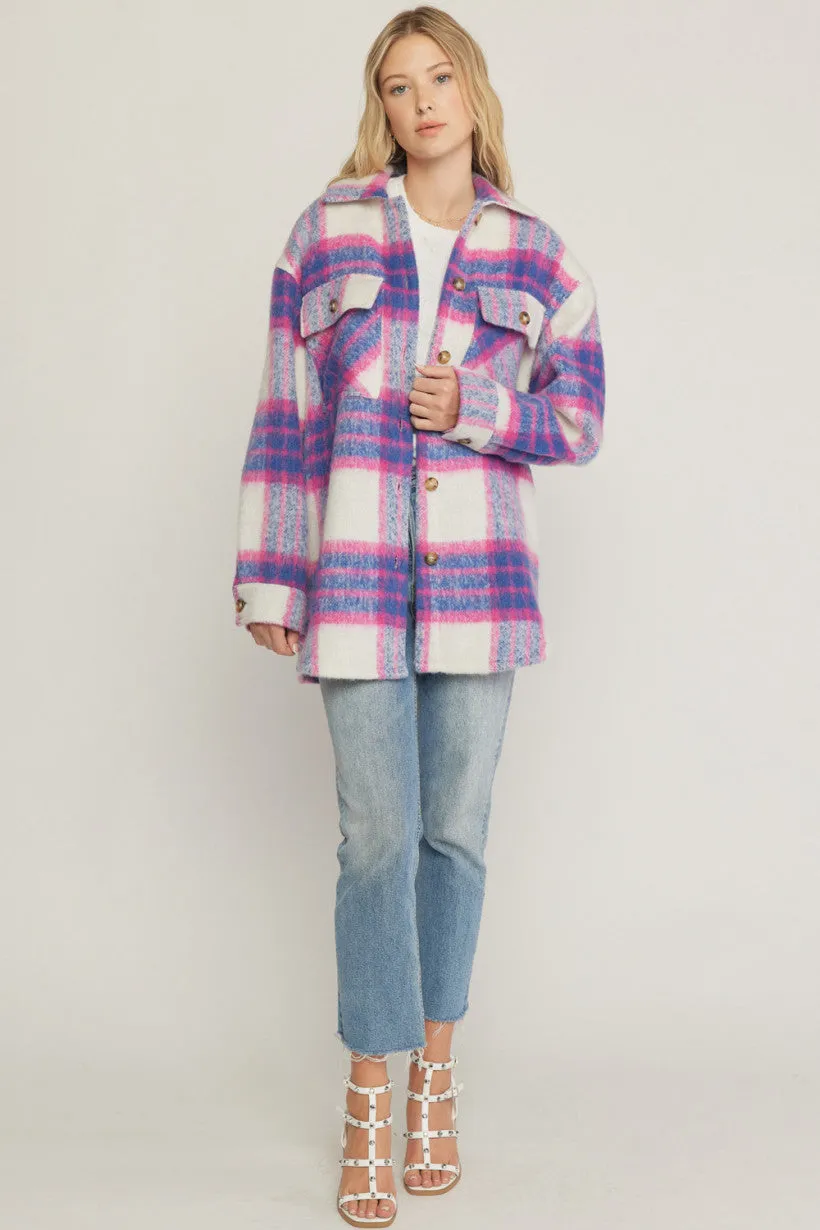 fuzzy plaid button up jacket - pink/blue