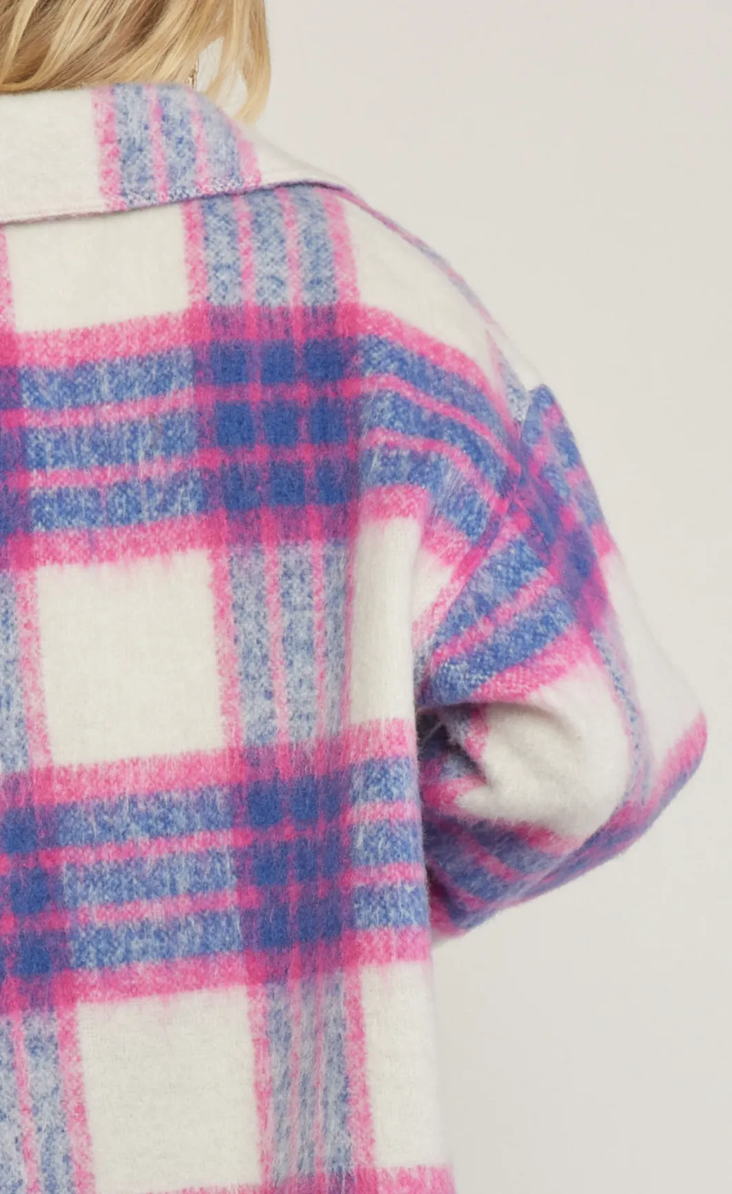 fuzzy plaid button up jacket - pink/blue