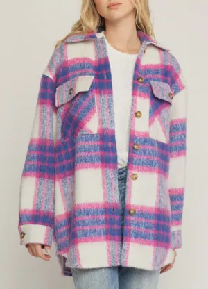 fuzzy plaid button up jacket - pink/blue