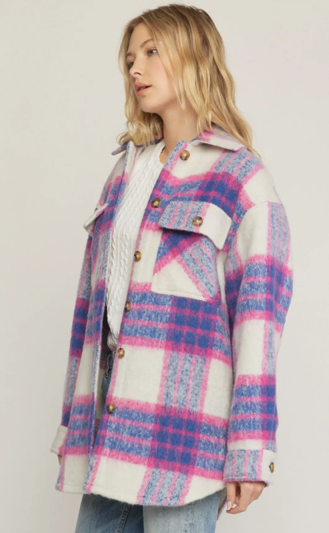fuzzy plaid button up jacket - pink/blue