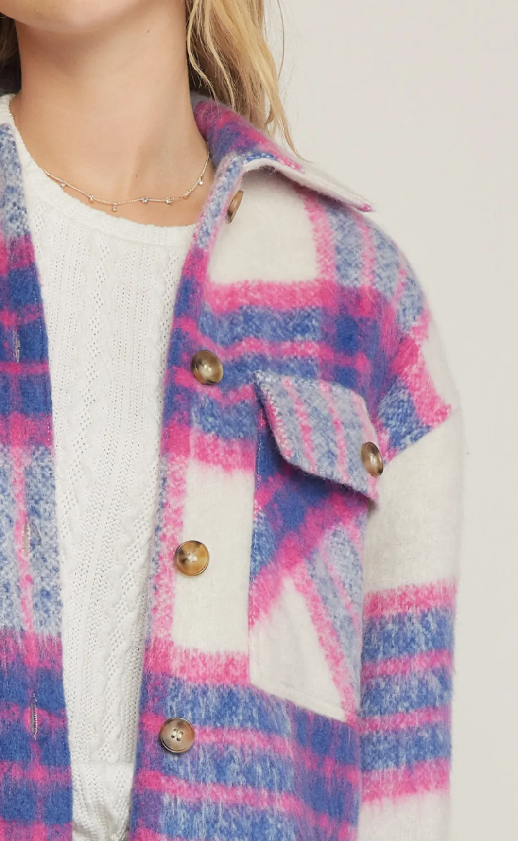 fuzzy plaid button up jacket - pink/blue