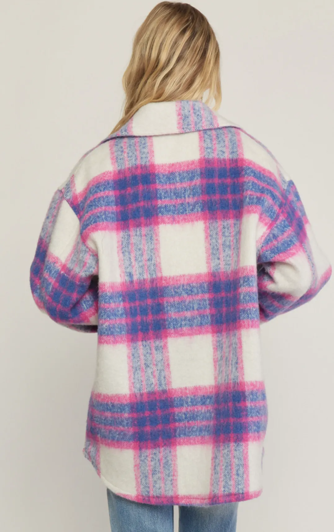 fuzzy plaid button up jacket - pink/blue