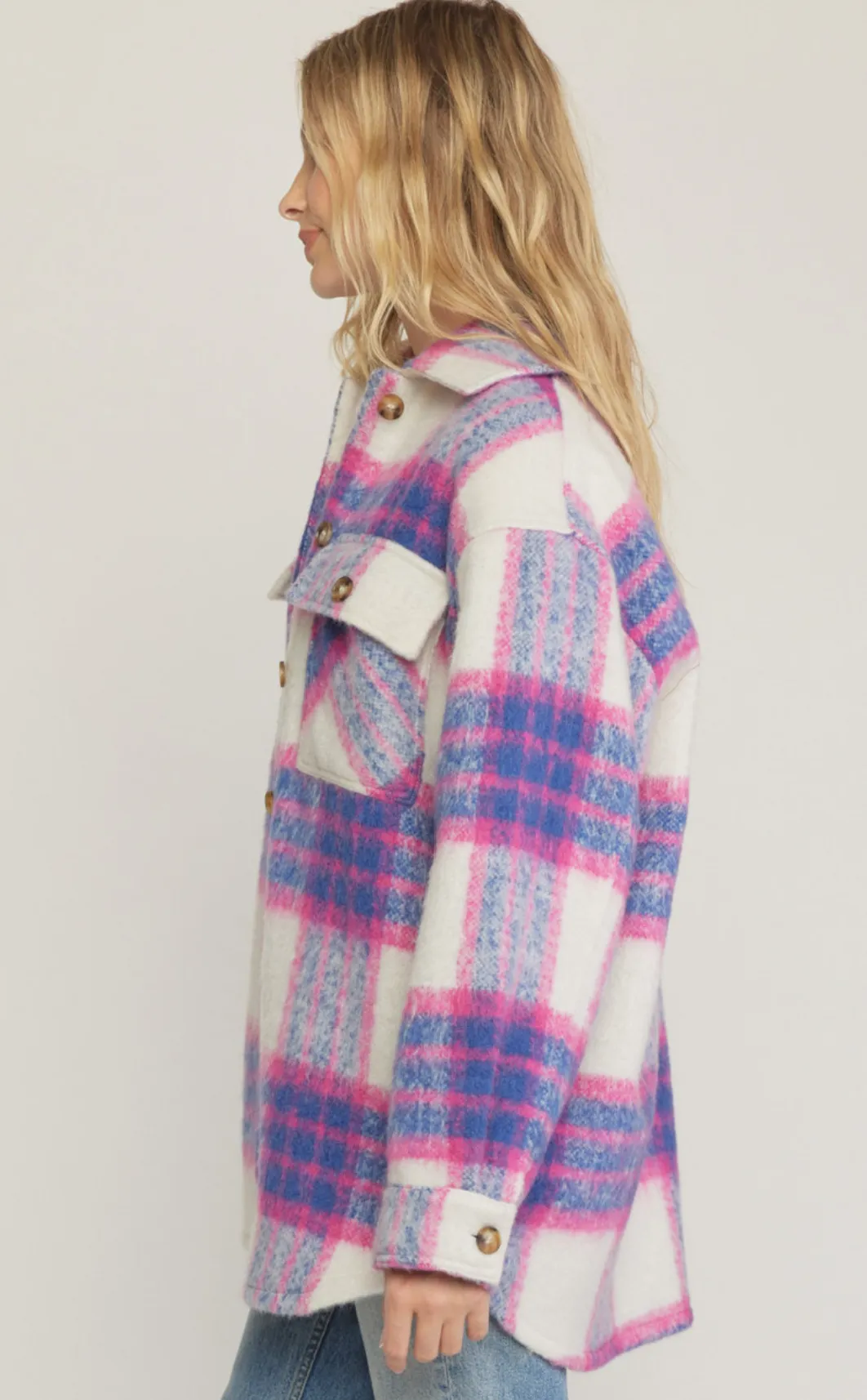 fuzzy plaid button up jacket - pink/blue