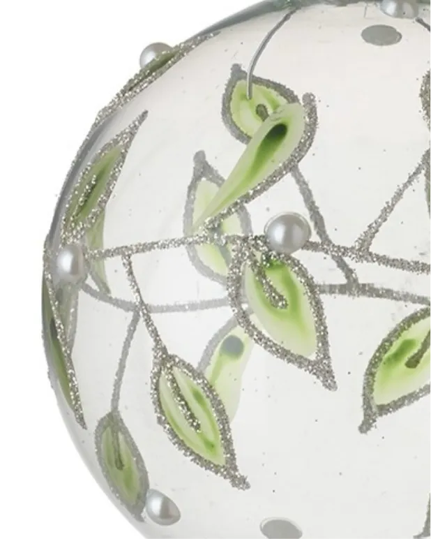 Glass Bauble With Silver & Green Leaves
