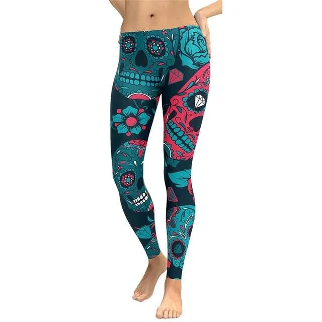 Head Skull Floral Print Skinny Fitness Pant