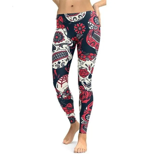 Head Skull Floral Print Skinny Fitness Pant