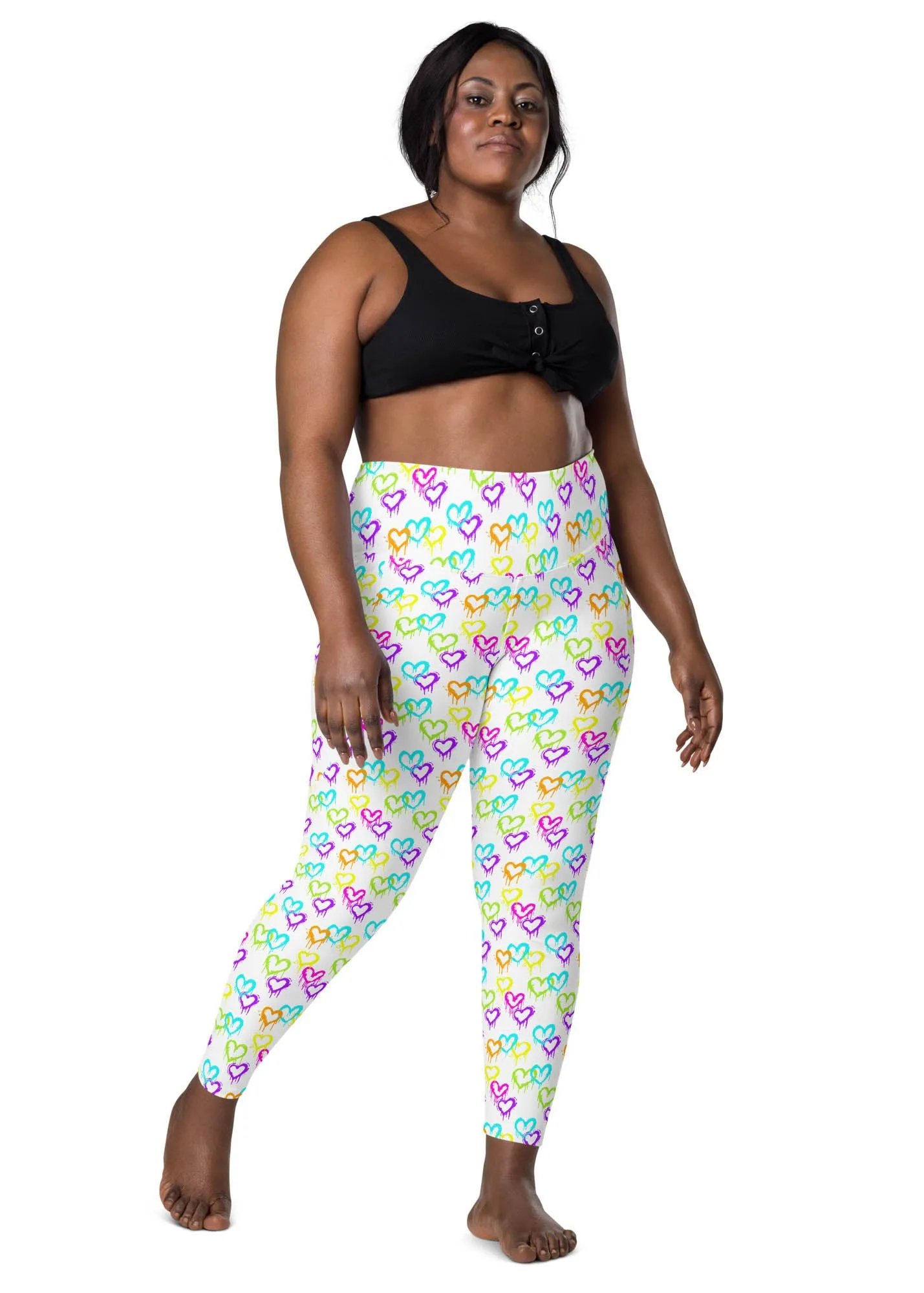 High-Waisted Leggings with Pockets - Melting Hearts - White