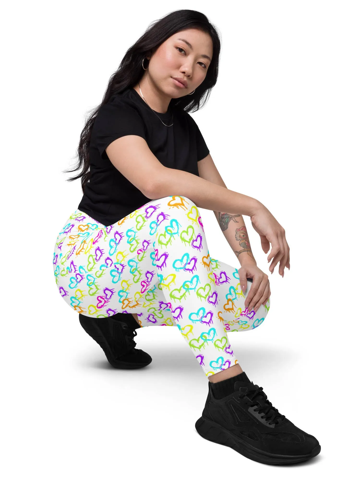 High-Waisted Leggings with Pockets - Melting Hearts - White