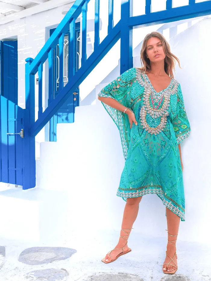 Lindsey Brown T Rhodes Silk Kaftan Aqua & Shell Print