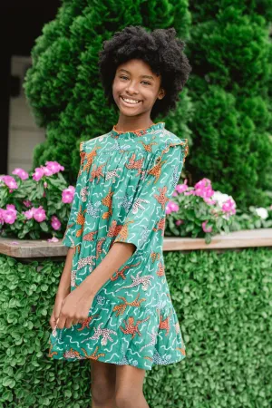 Ruffle Neck Girls Dress- Emerald Cheetah