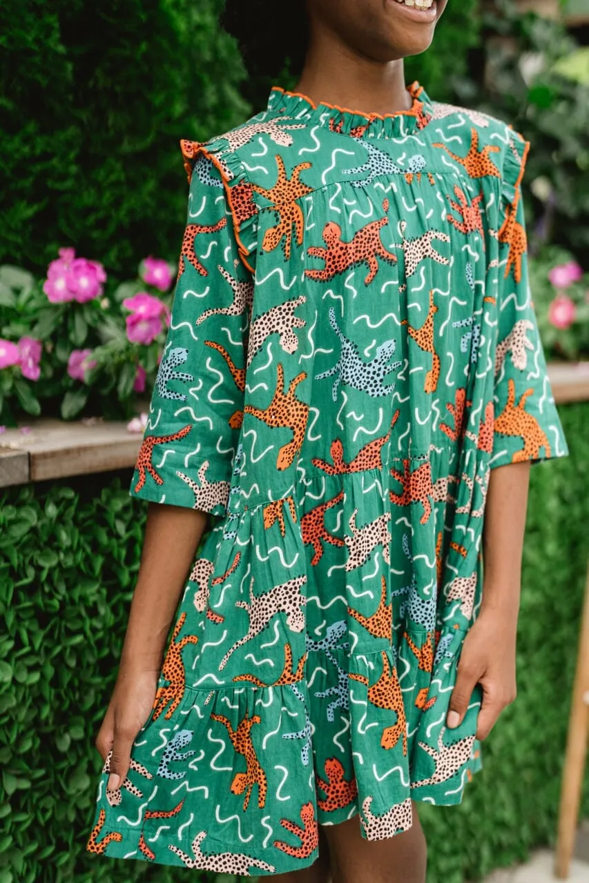 Ruffle Neck Girls Dress- Emerald Cheetah