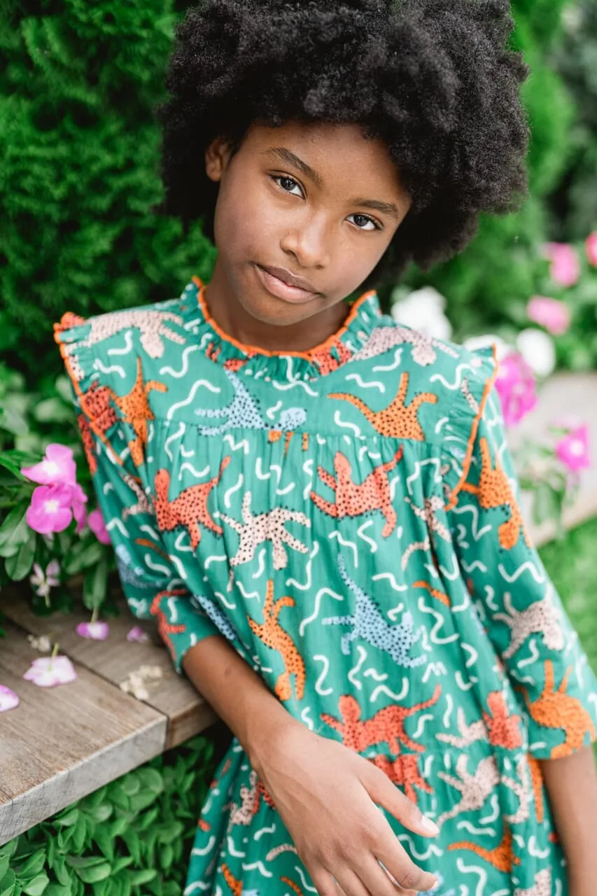 Ruffle Neck Girls Dress- Emerald Cheetah