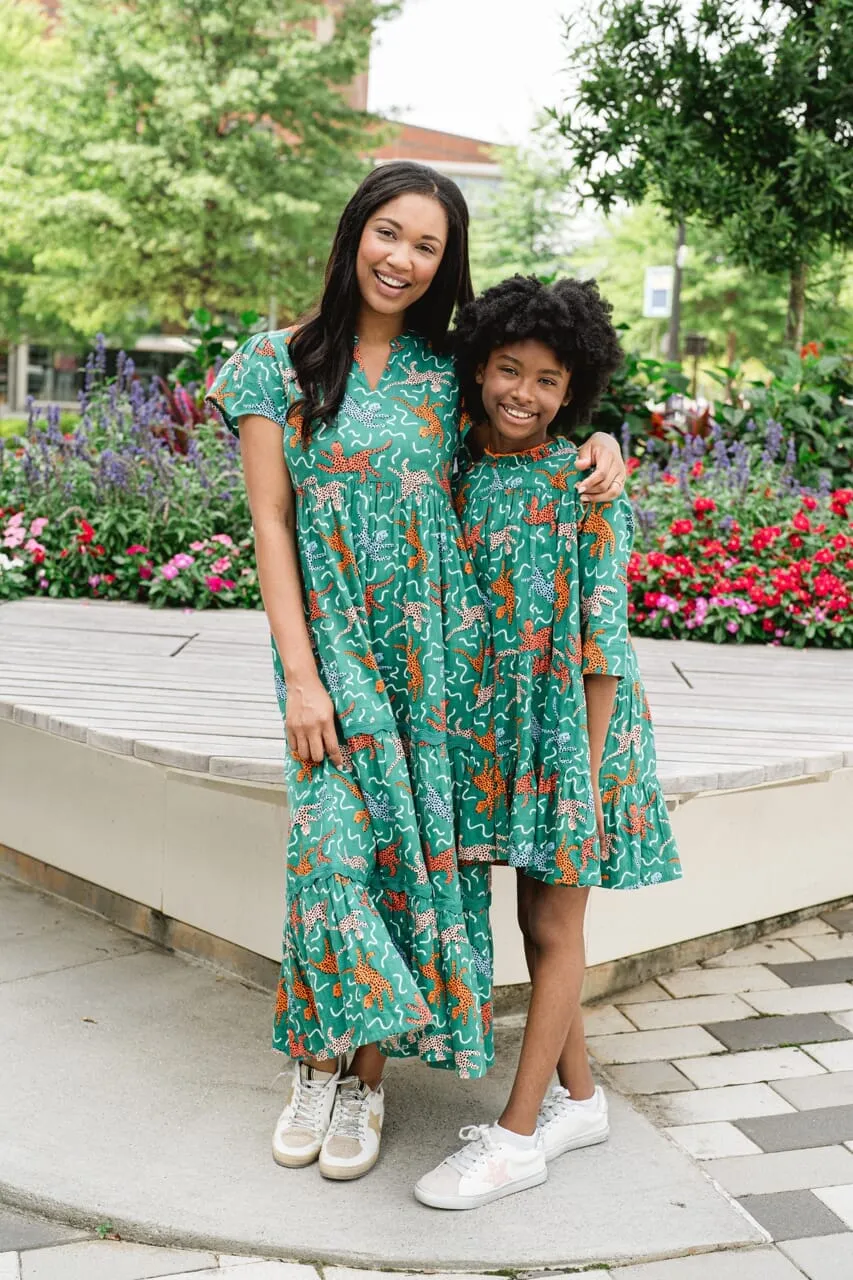 Ruffle Neck Girls Dress- Emerald Cheetah