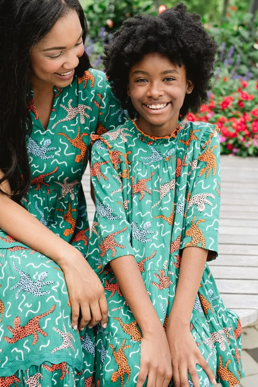 Ruffle Neck Girls Dress- Emerald Cheetah